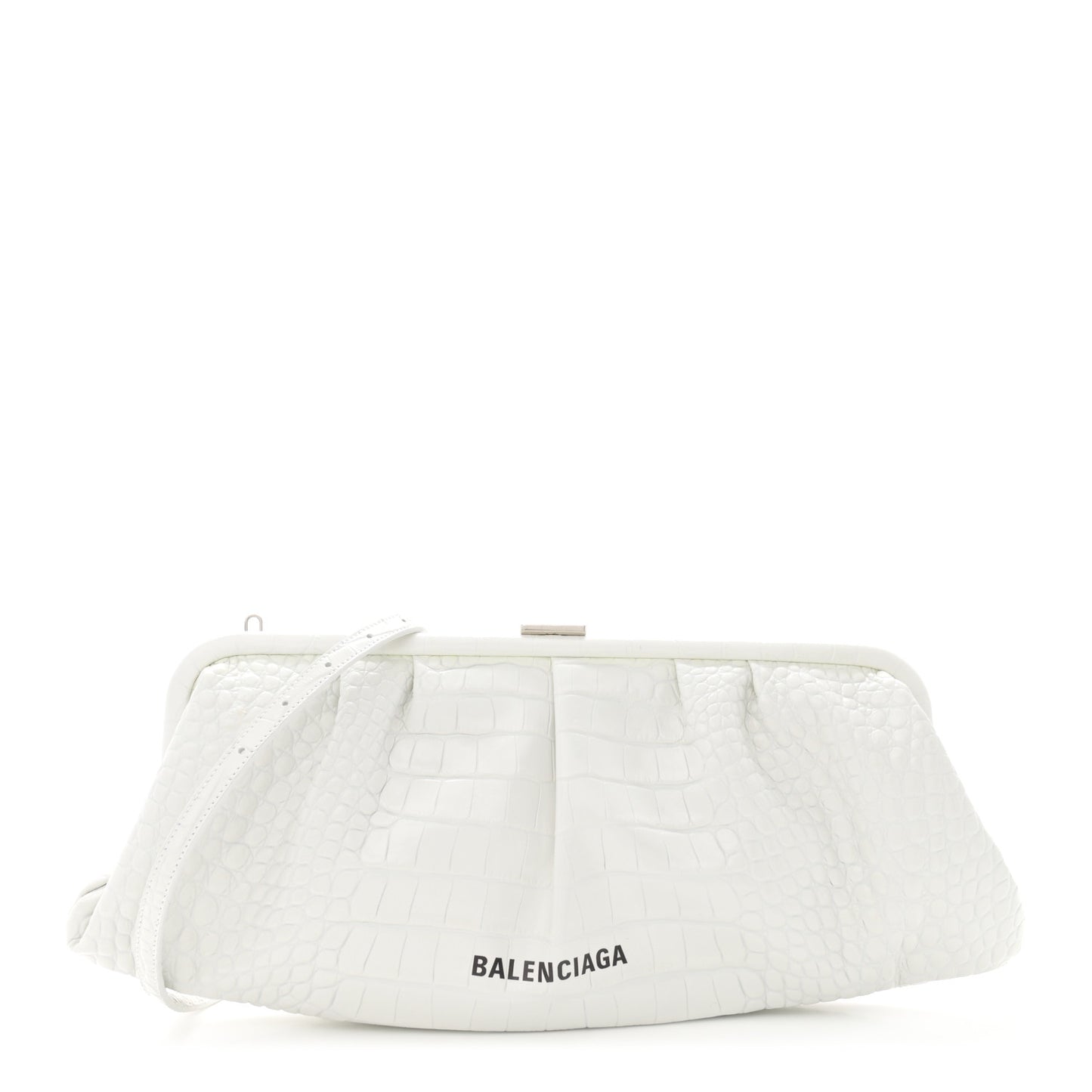 Shiny Supple Calfskin Logo Crocodile Embossed XL Cloud Clutch White