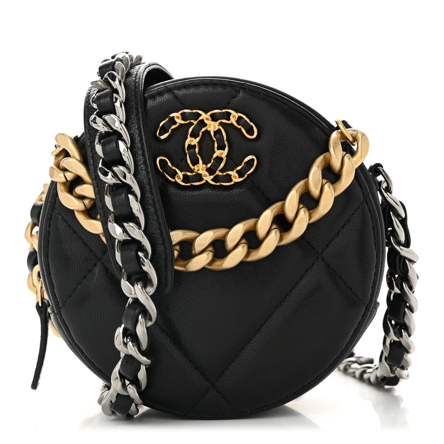 Shiny Goatskin Quilted Chanel 19 Round Clutch With Chain Black