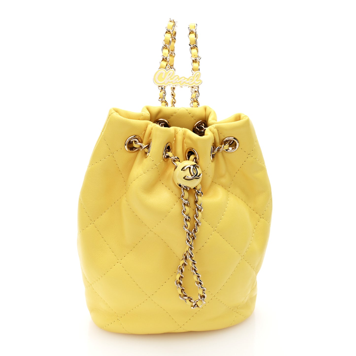 Shiny Lambskin Quilted Drawstring Backpack Yellow