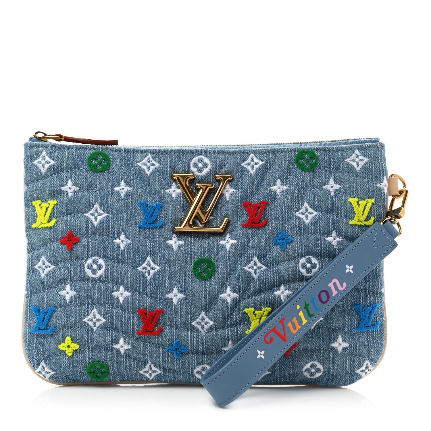 Louis Vuitton Embroidered Monogram Denim New Wave Zipped Pochette Blue 1 of 6