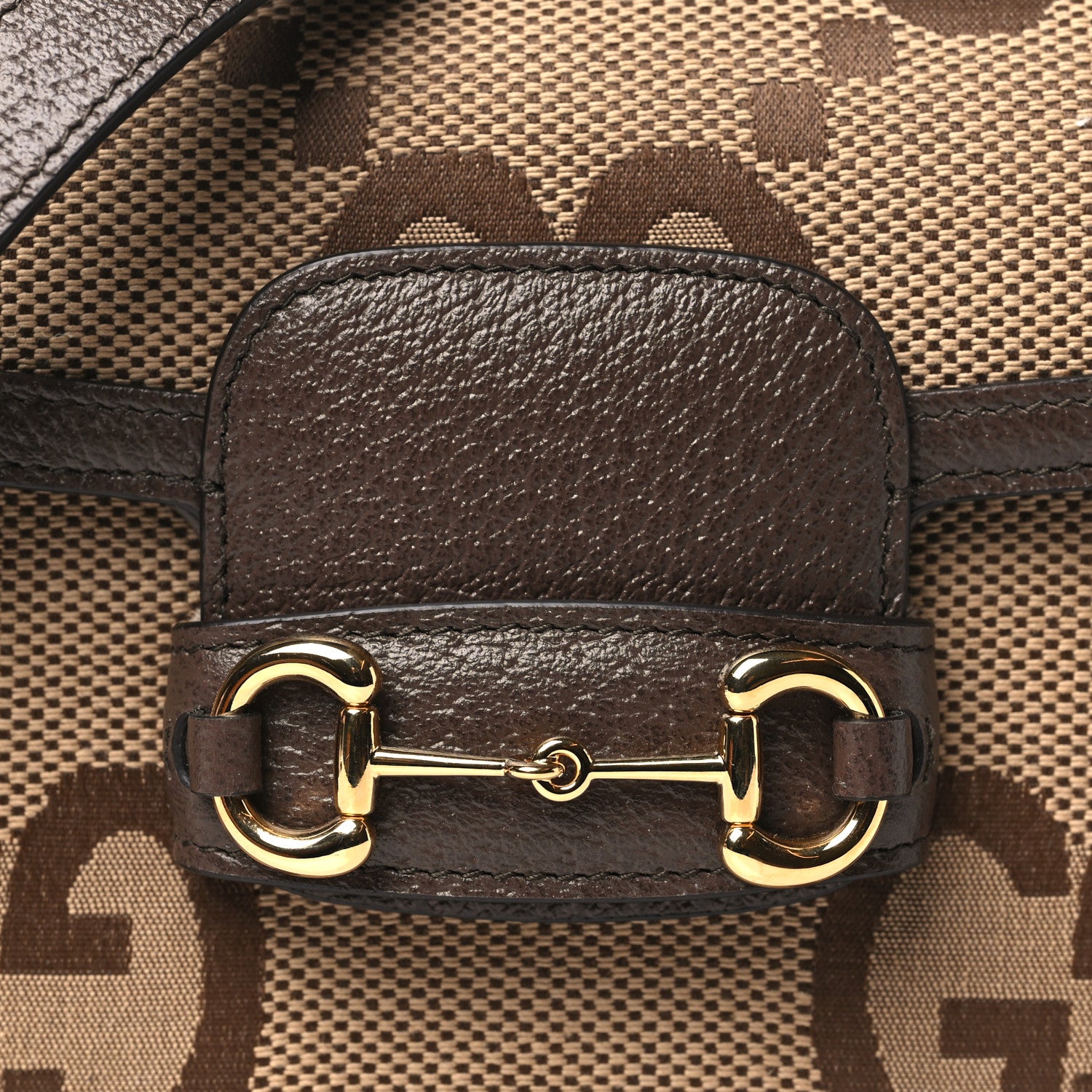 Gucci Monogram Jumbo GG Textured Dollar Calfskin Web Mini Horsebit 1955 Shoulder Bag Camel Ebony New Acero 8 of 11