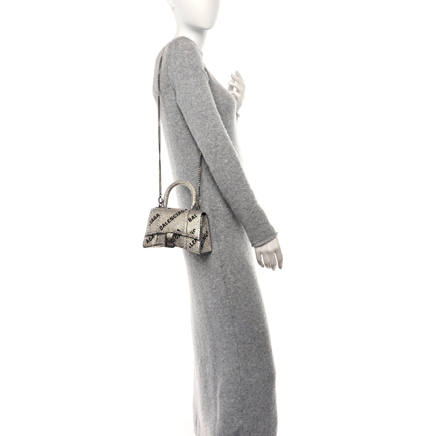 Strass Suede Allover Logo Hourglass Top Handle Bag XS with Chain Silver Black
