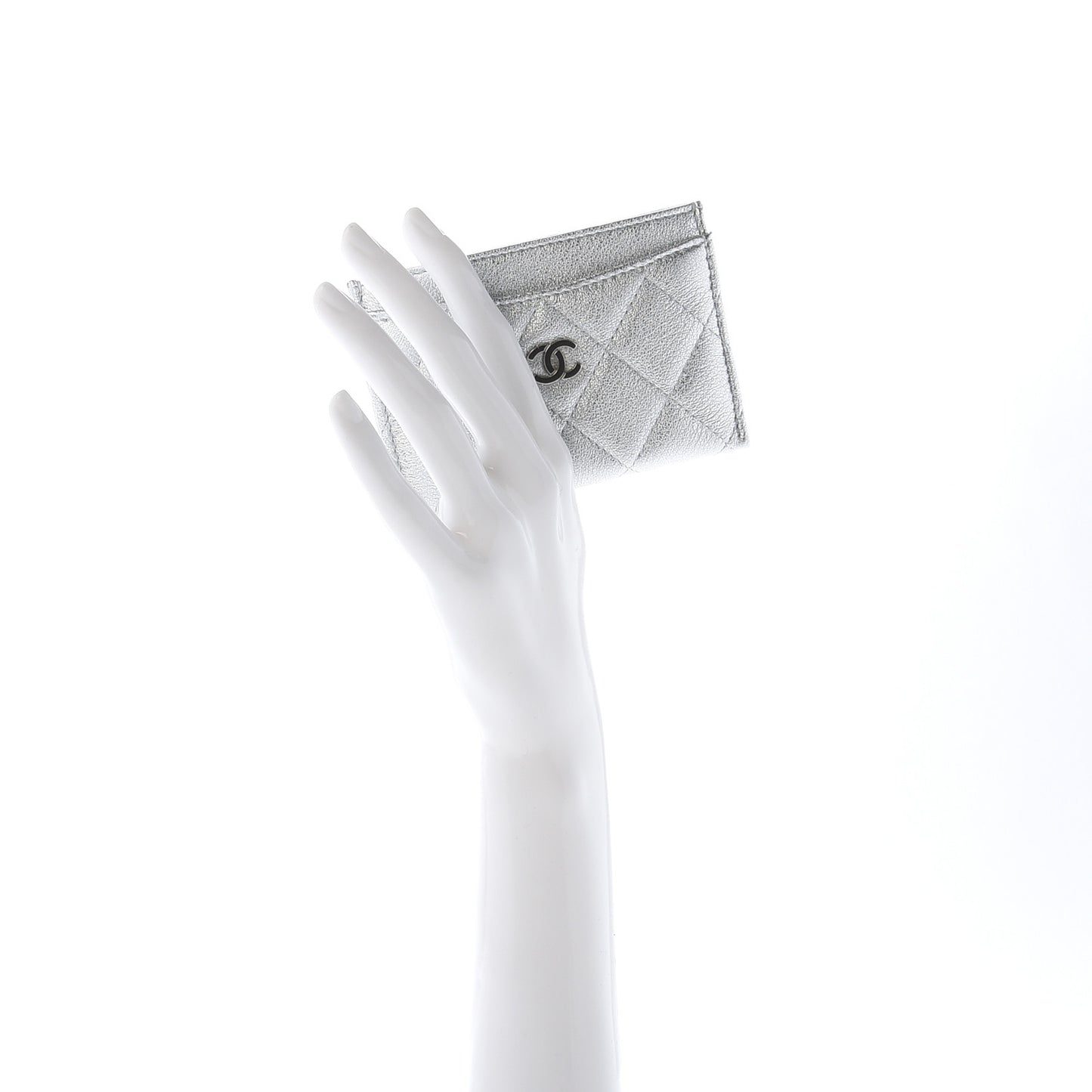 Metallic Lambskin Quilted Card Holder Silver