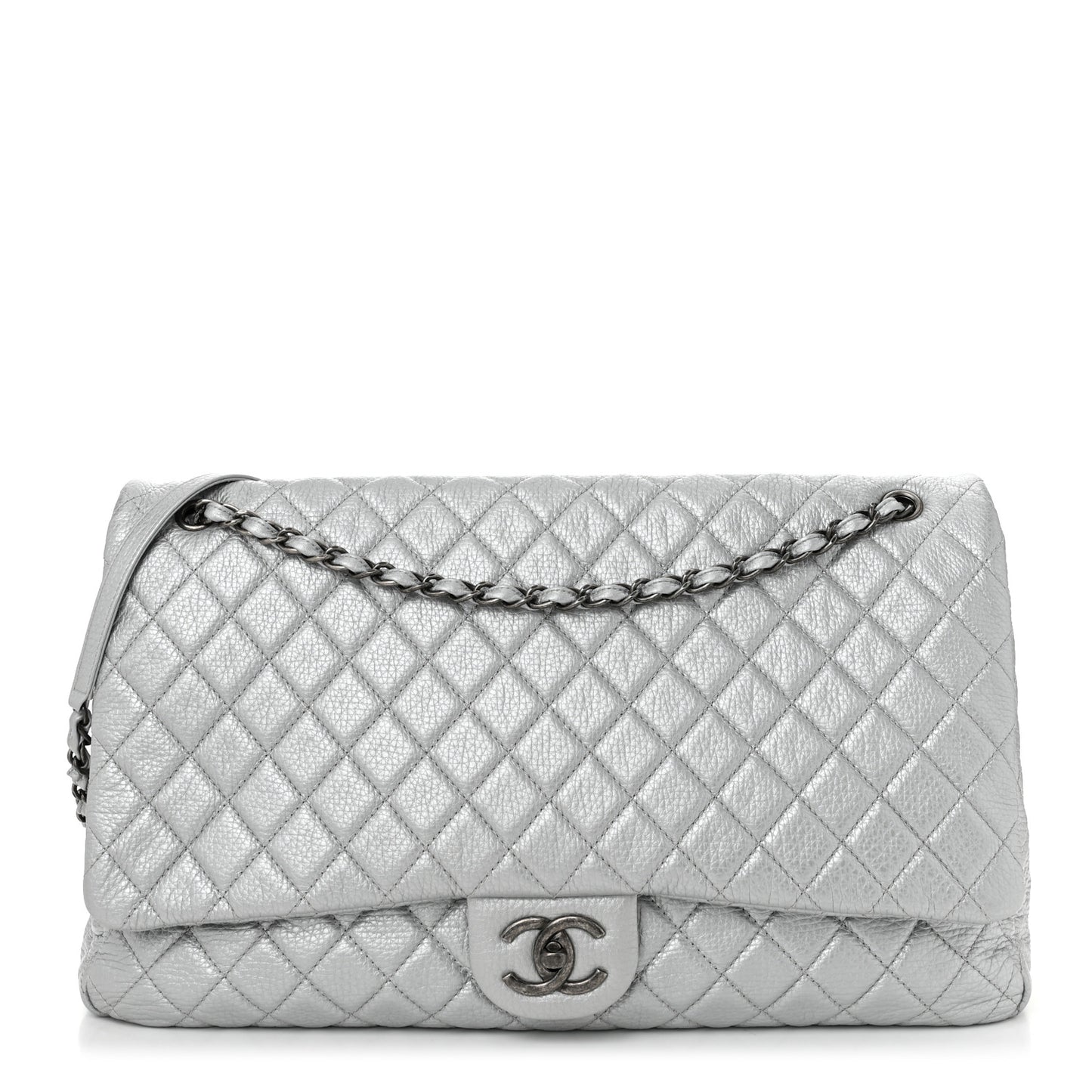 Metallic Calfskin Quilted XXL Travel Flap Bag Silver