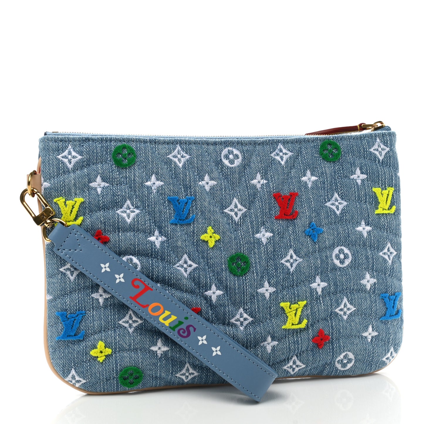 Embroidered Monogram Denim New Wave Zipped Pochette Blue