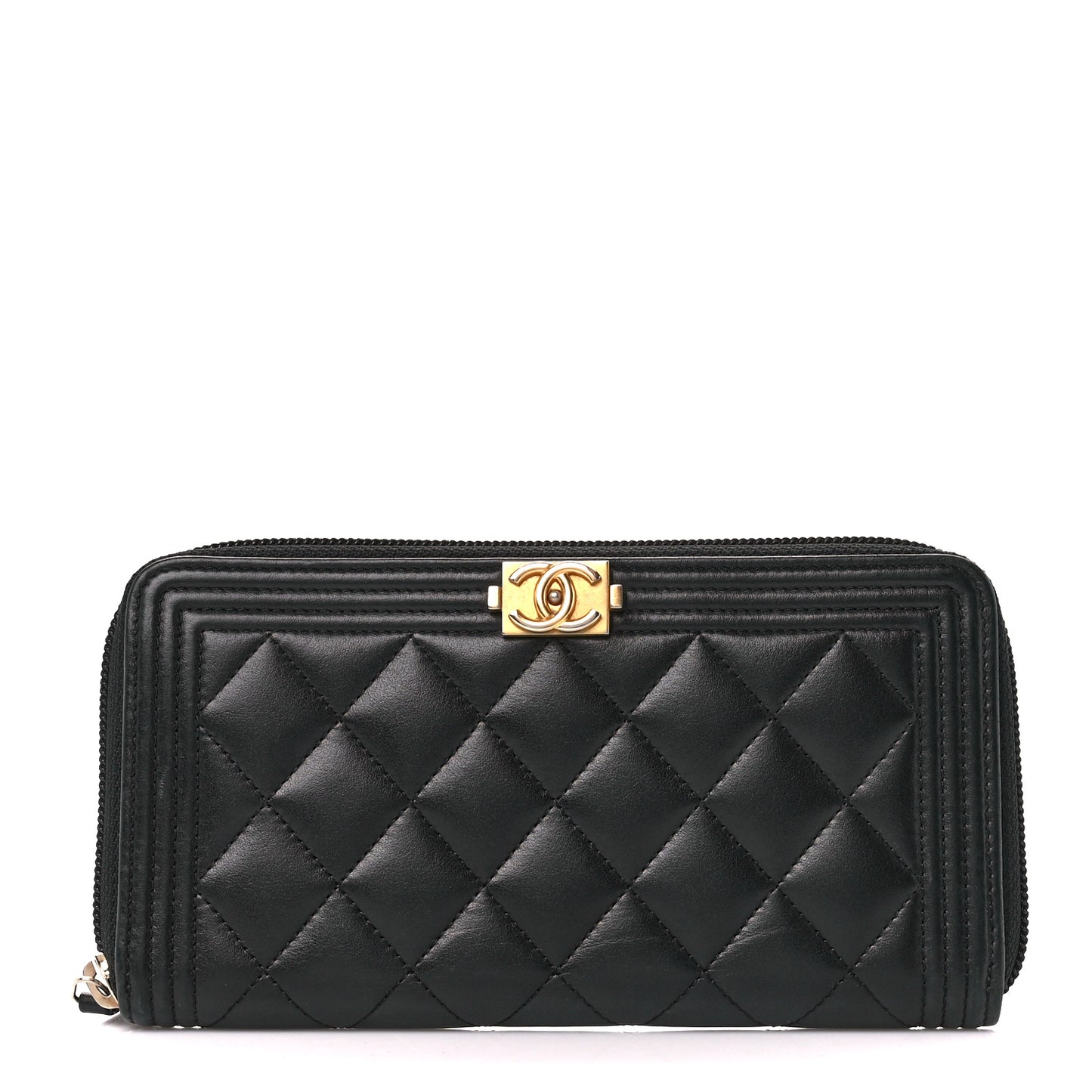 Lambskin Quilted Boy Long Zip Around Wallet Black