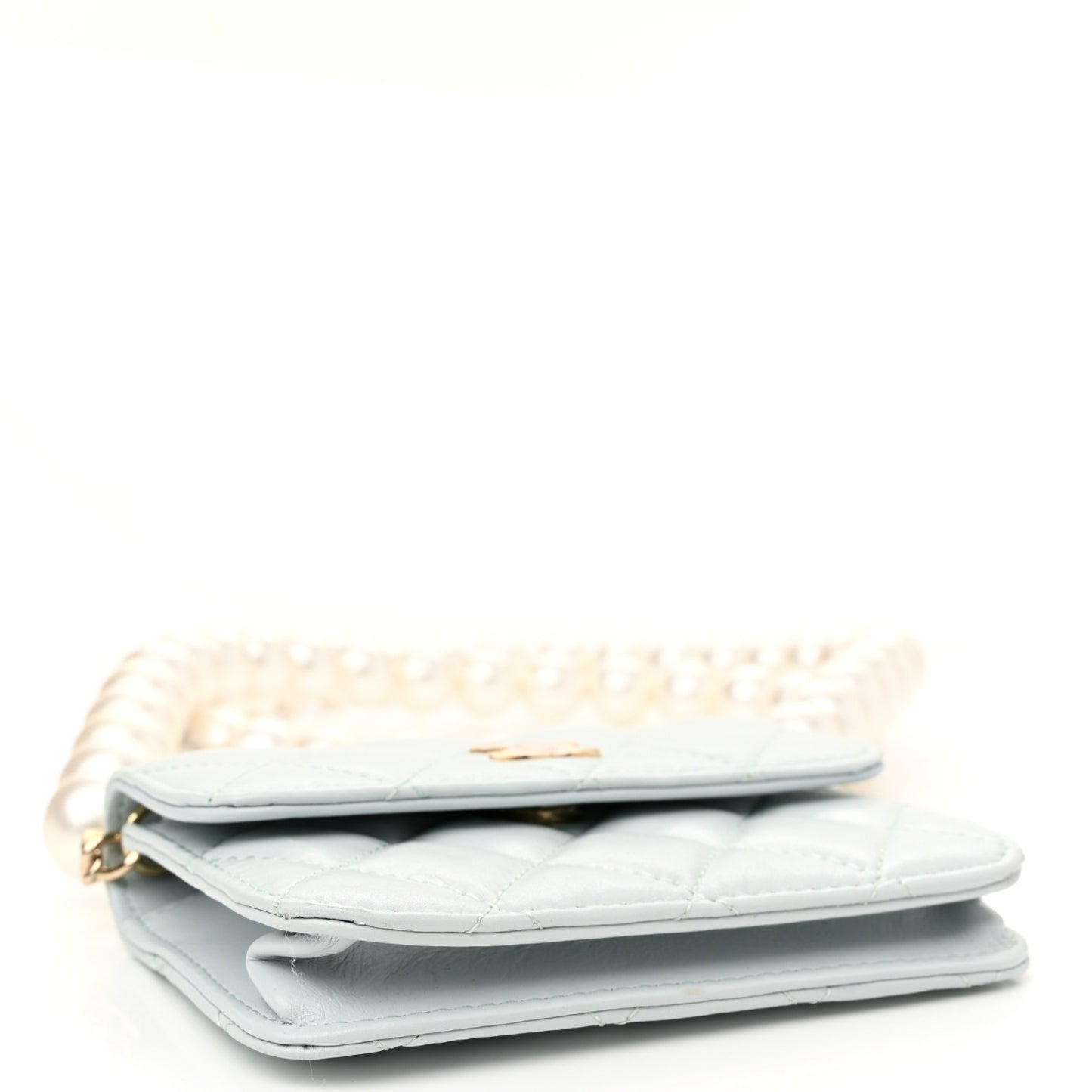 Calfskin Quilted Maxi Pearls Card Holder Flap With Chain Light Blue