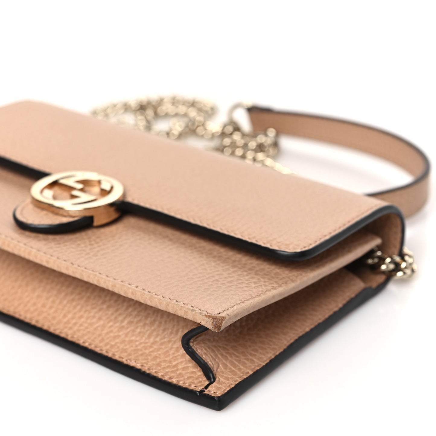 Dollar Calfskin Interlocking G Chain Wallet Camelia