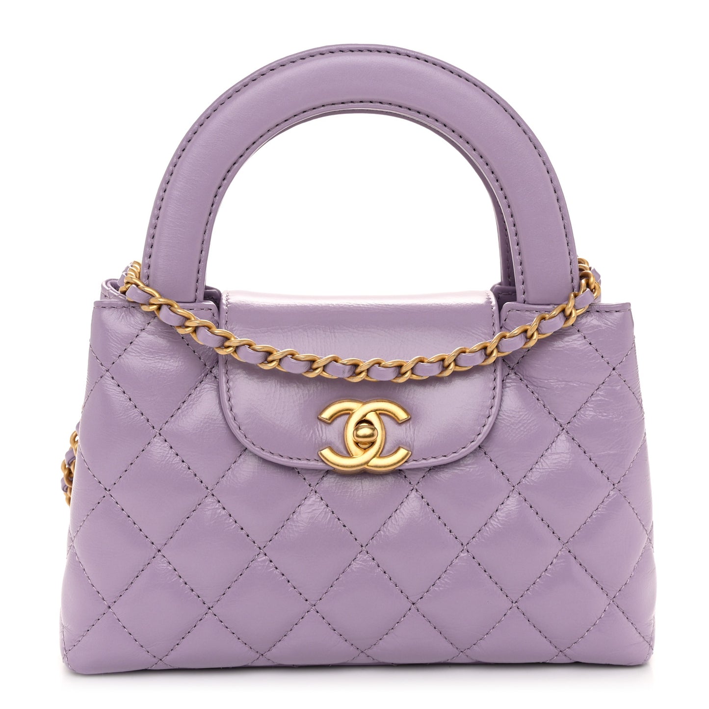 Shiny Aged Calfskin Quilted Nano Kelly Shopper Lilac
