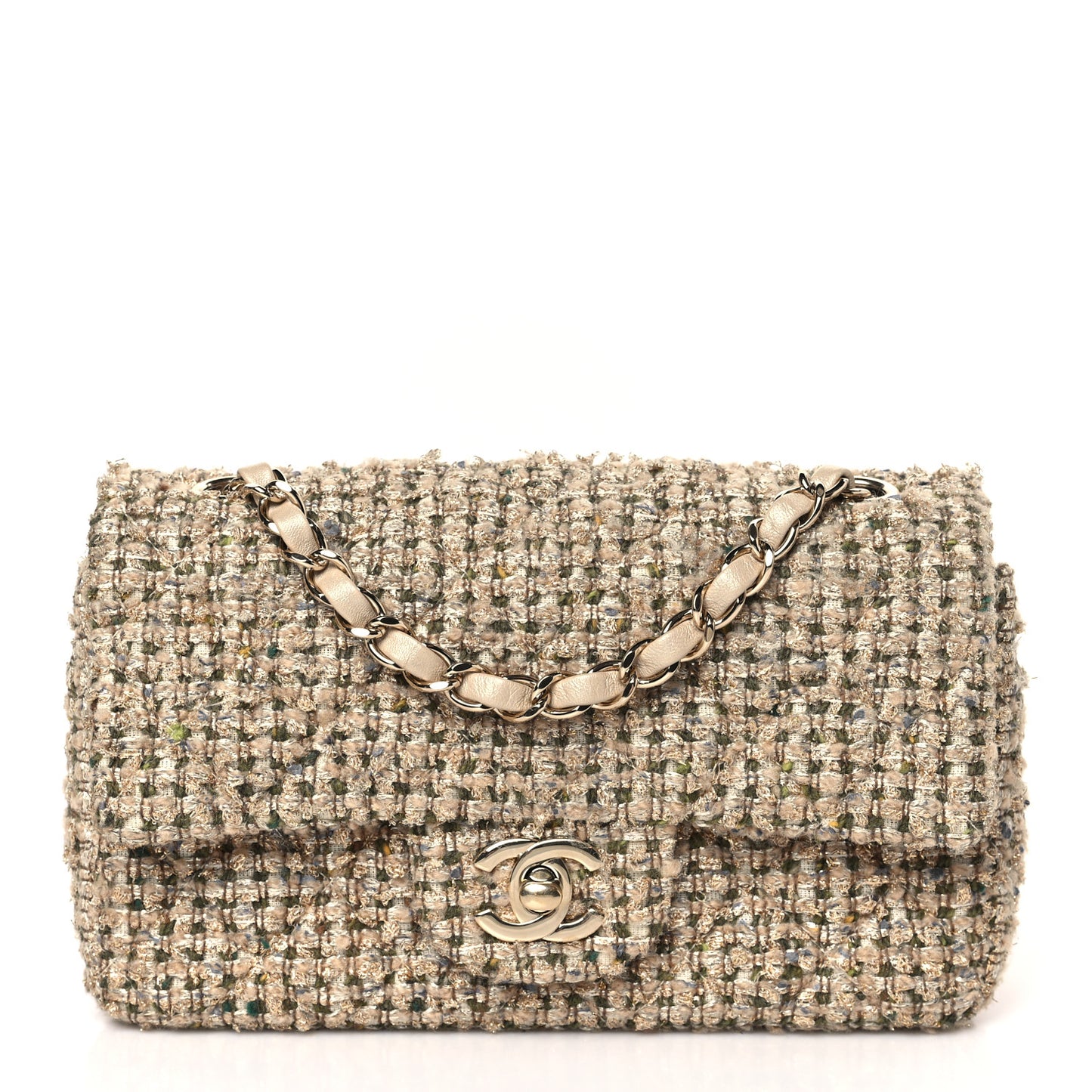 Tweed Quilted Mini Rectangular Flap Beige