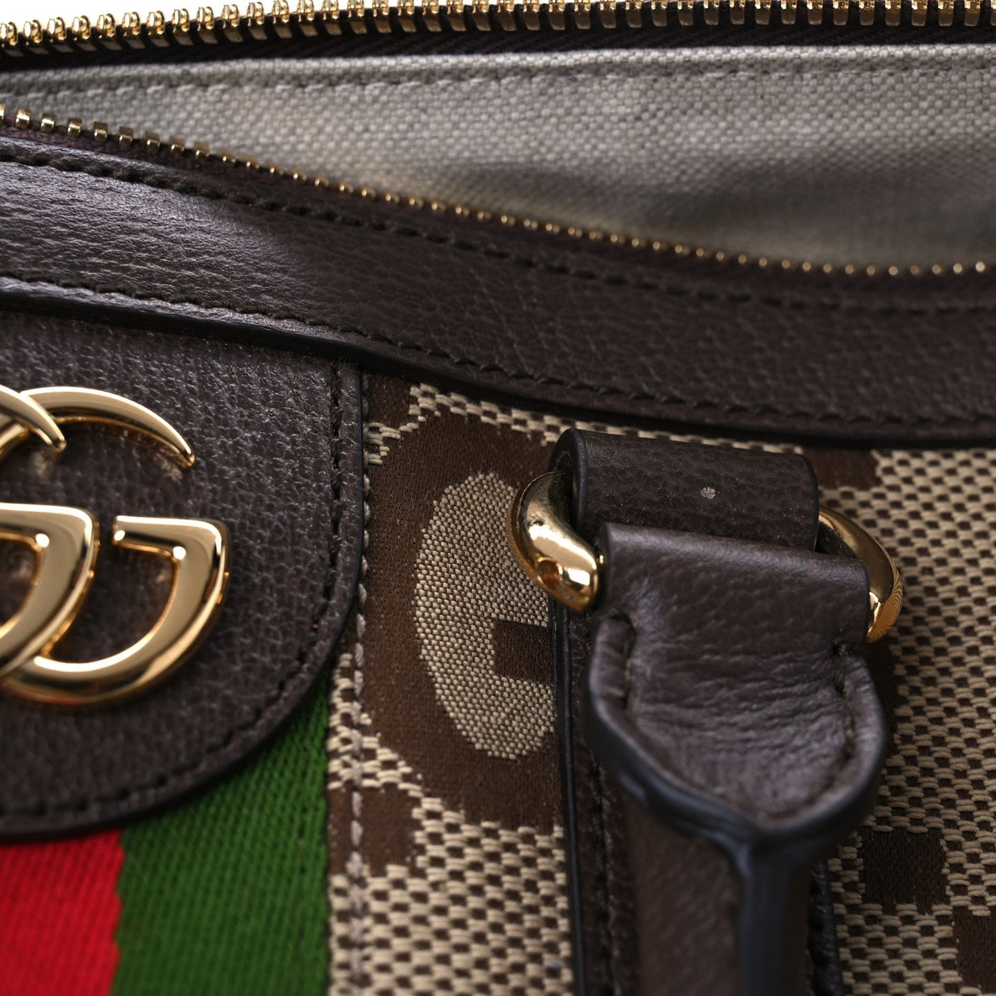 Monogram Jumbo GG Textured Dollar Calfskin Web Medium Duffle Bag Camel Ebony