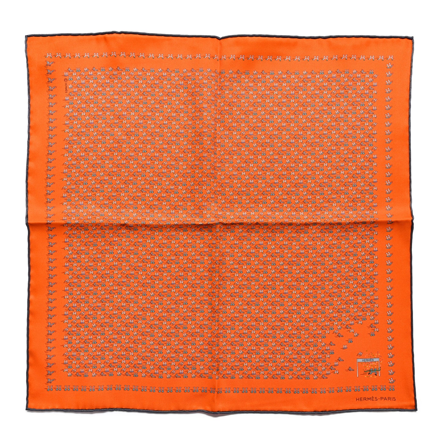 Silk H En Mouvement Pocket Square Scarf 45 Orange Turquoise Grey
