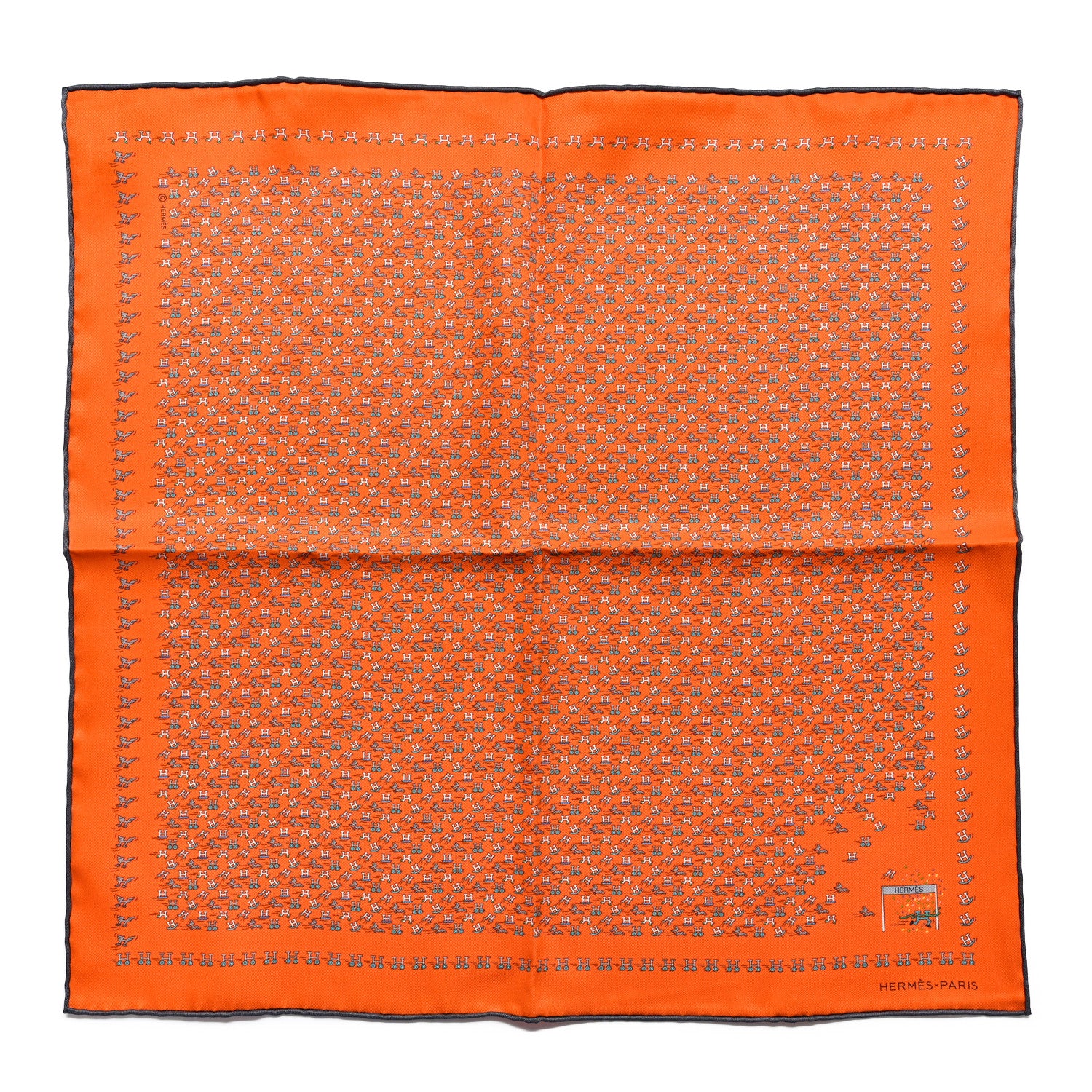 Hermes Silk H En Mouvement Pocket Square Scarf 45 Orange Turquoise Grey 1 of 5