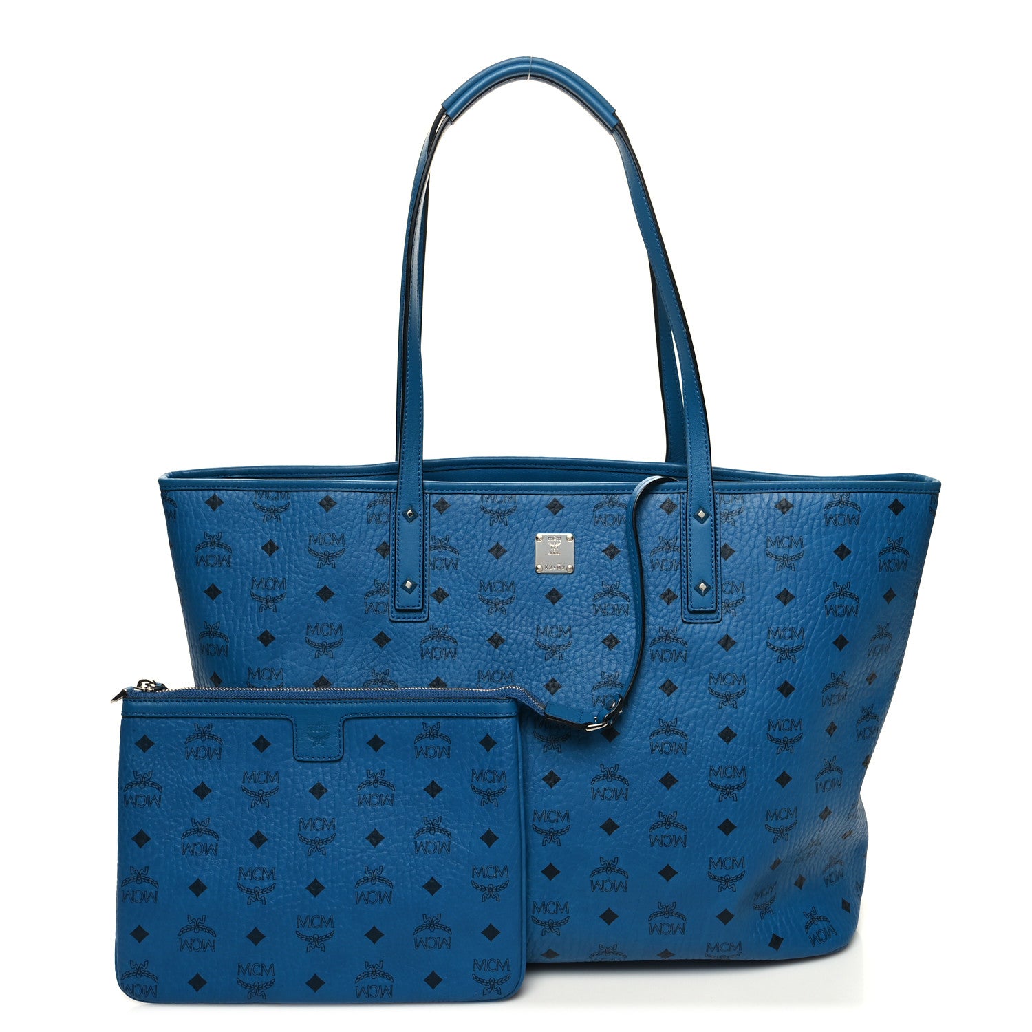 MCM Visetos Large Anya Top Zip Shopper Tote Munich Blue 1418829