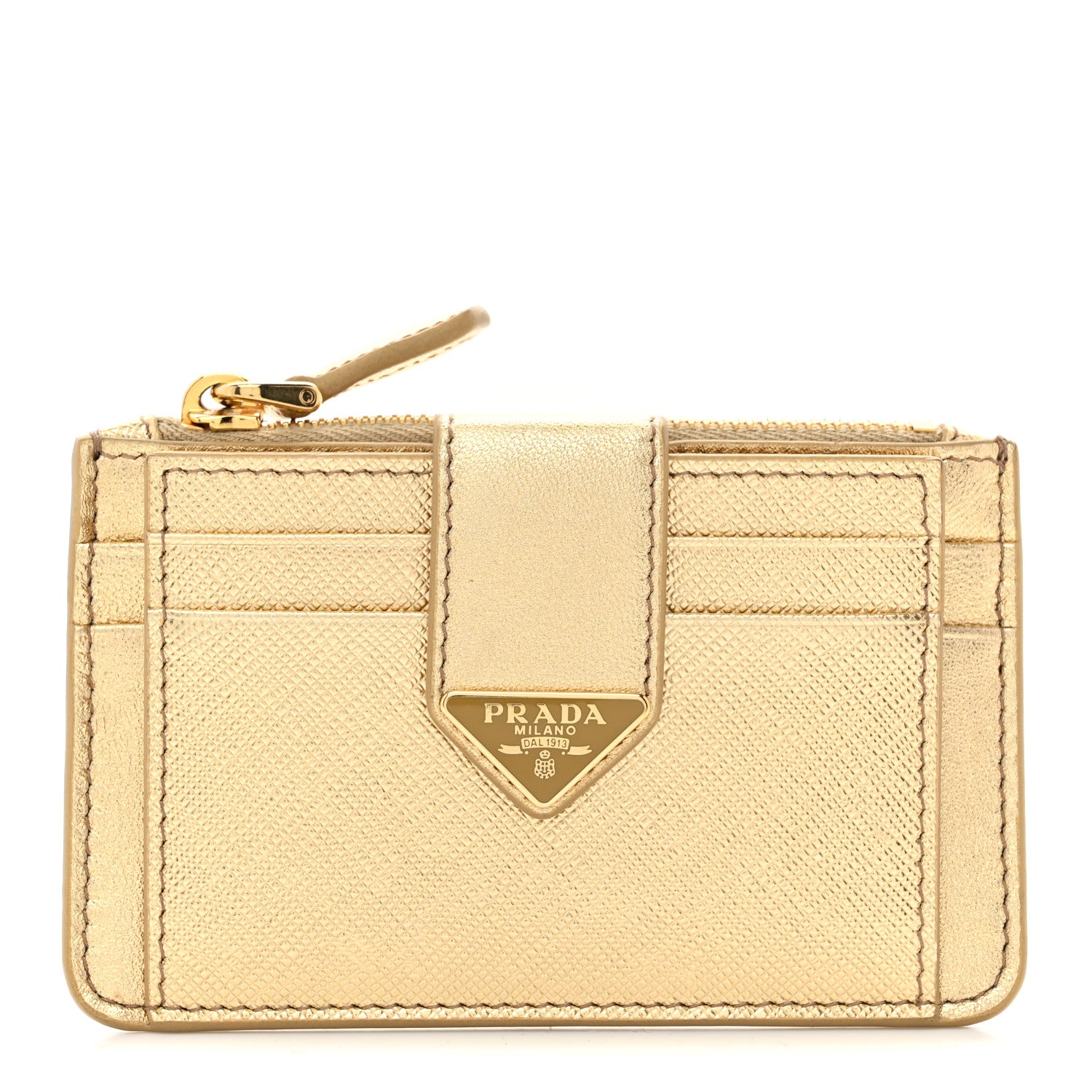 Prada Metallic Saffiano City Calf Triangle Card Holder Gold
