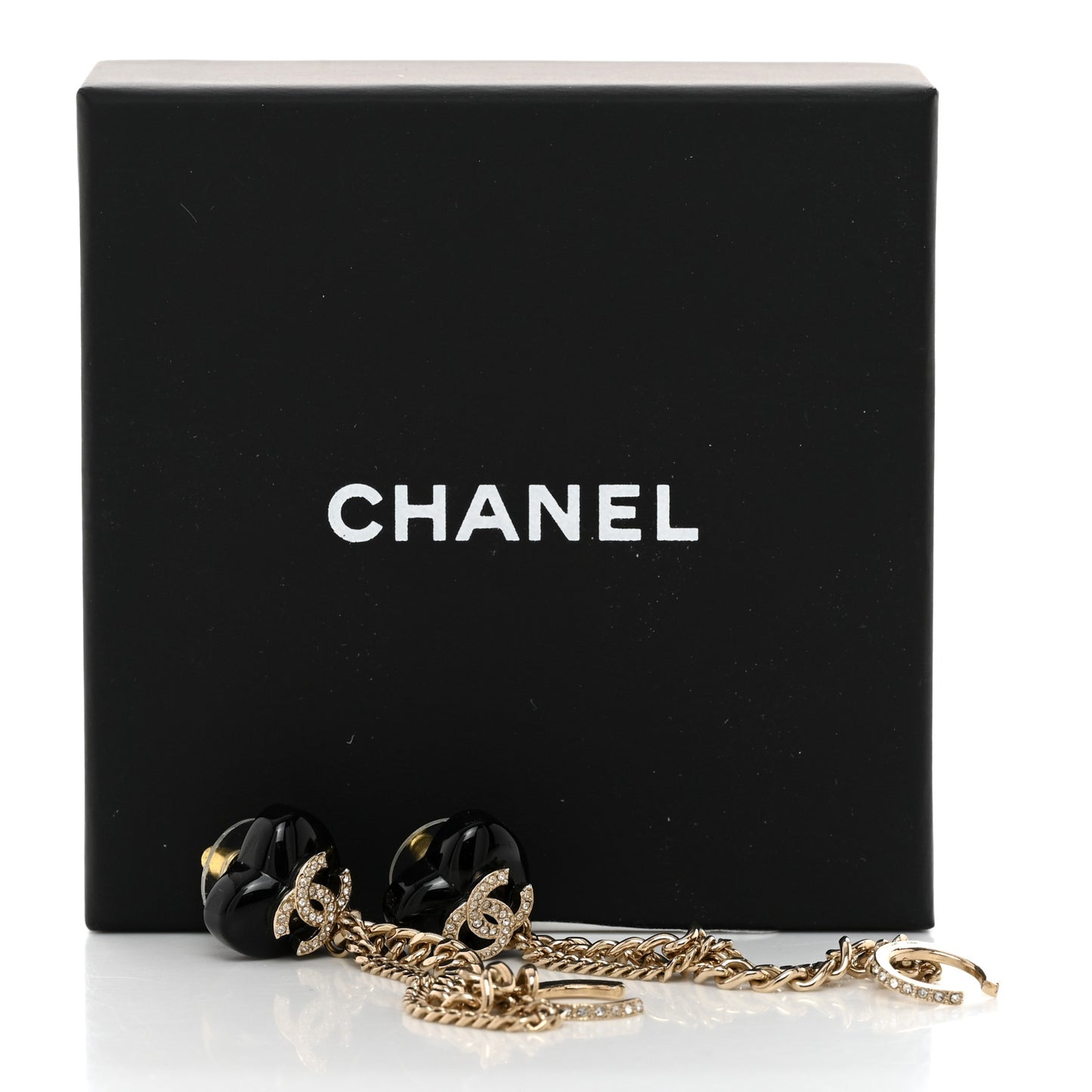 Resin Crystal CC Heart Chain Cuff Earrings Black Gold