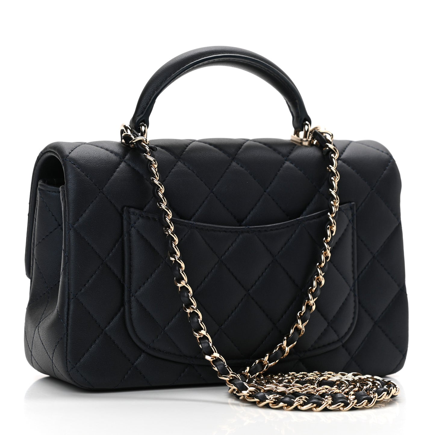 Lambskin Quilted Mini Top Handle Rectangular Flap Navy Blue