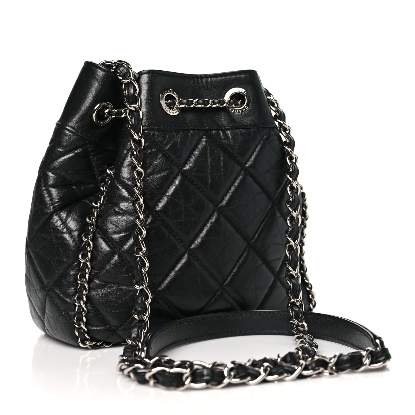 Crumpled Calfskin Quilted Chain All Over Drawstring Bucket Bag Black