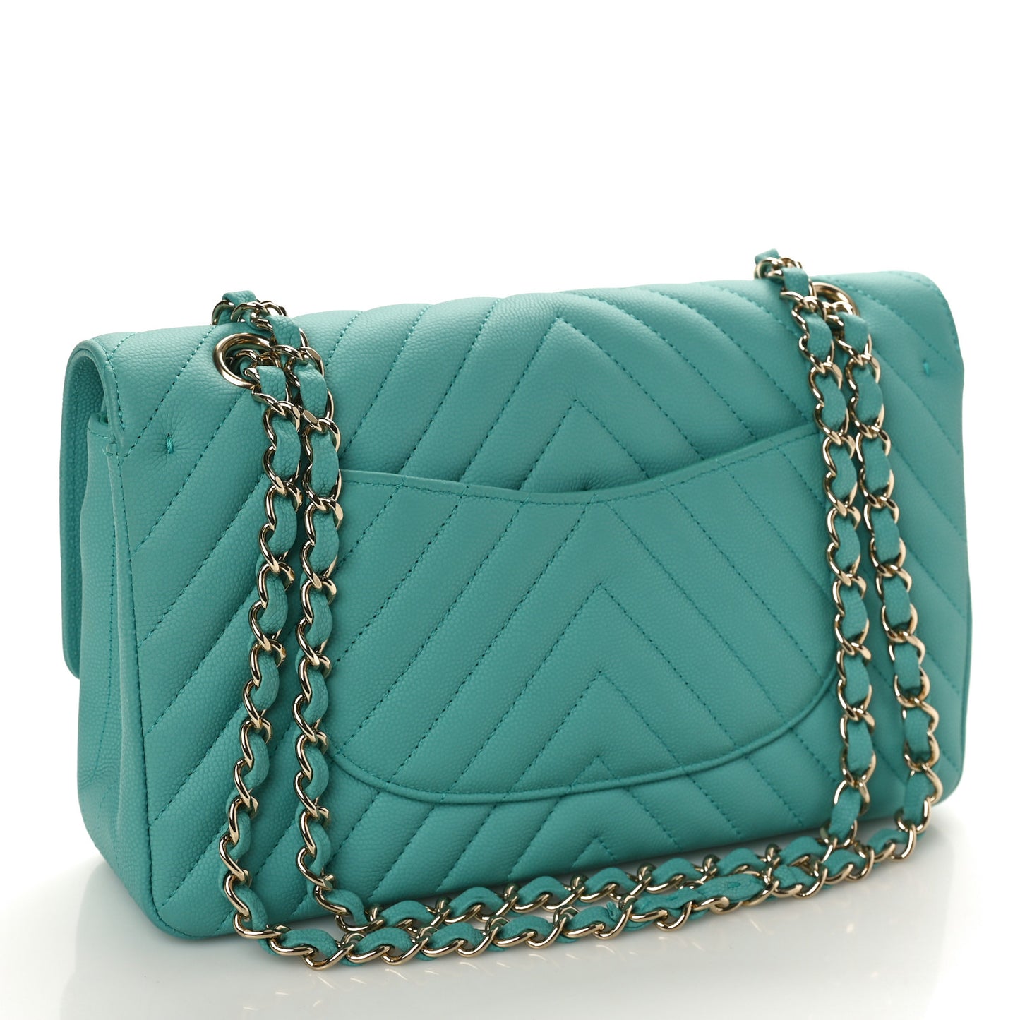 Caviar Flat Chevron Quilted Medium Double Flap Green