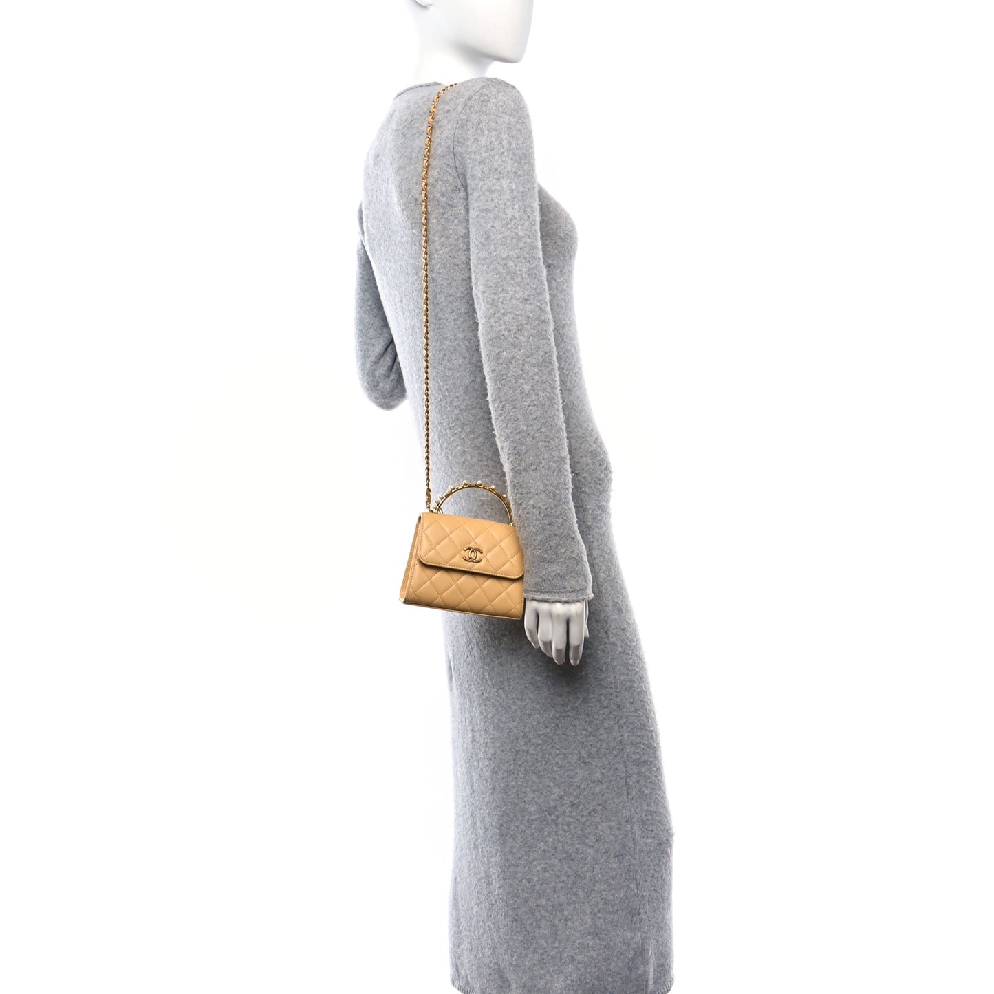 Lambskin Quilted Pearl Top Handle Flap With Chain Beige