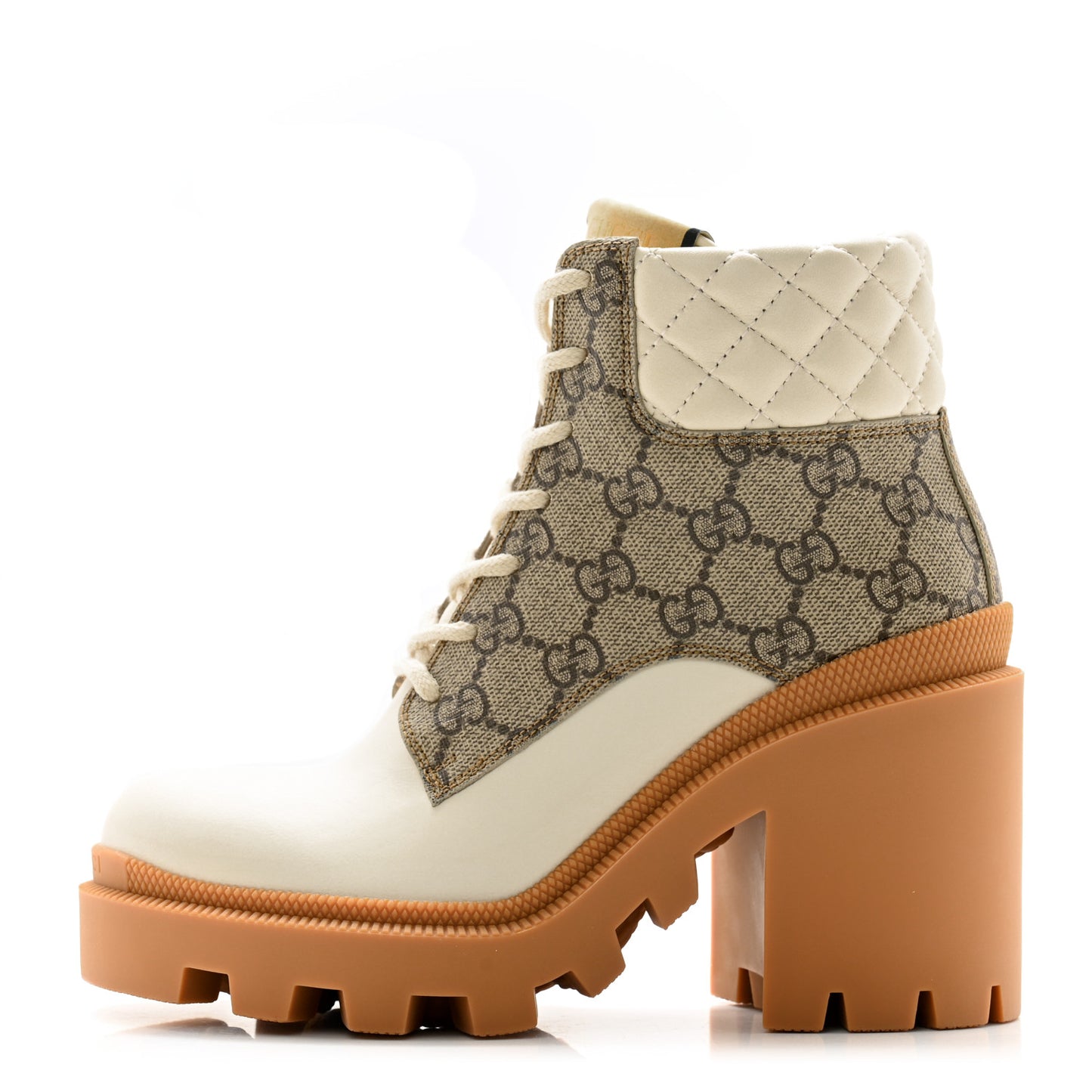 Calfskin GG Supreme Monogram Nappa Quilted Lace Up Ankle Boots 35 Mystic 35.5 White Beige