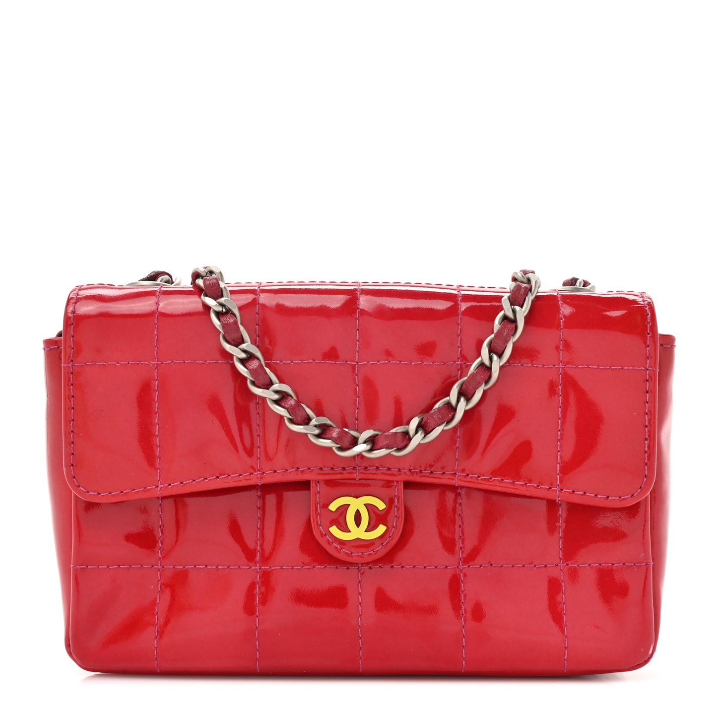 Patent Square Quilted Extra Mini Convertible Flap Belt Bag Red