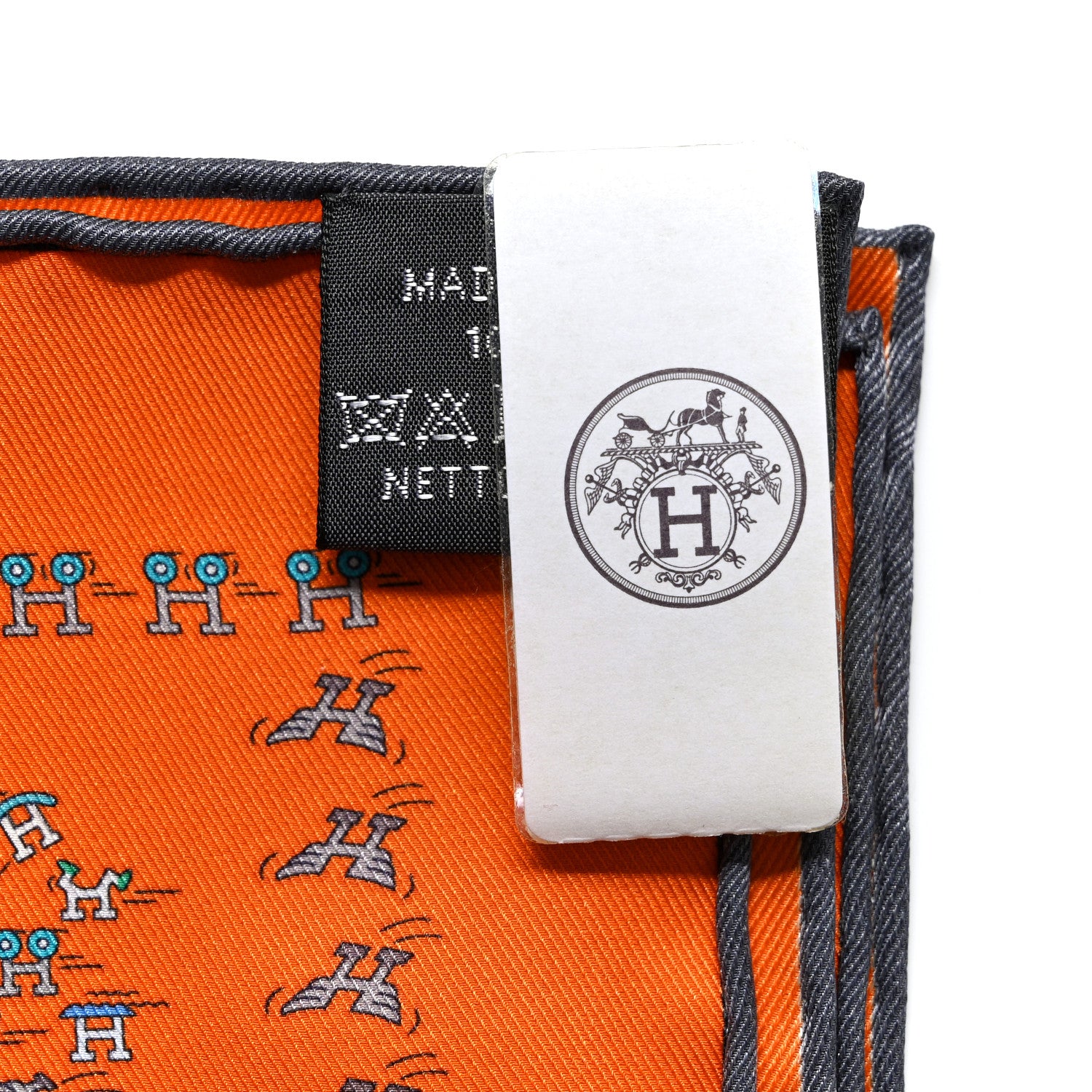 Hermes Silk H En Mouvement Pocket Square Scarf 45 Orange Turquoise Grey 2 of 5