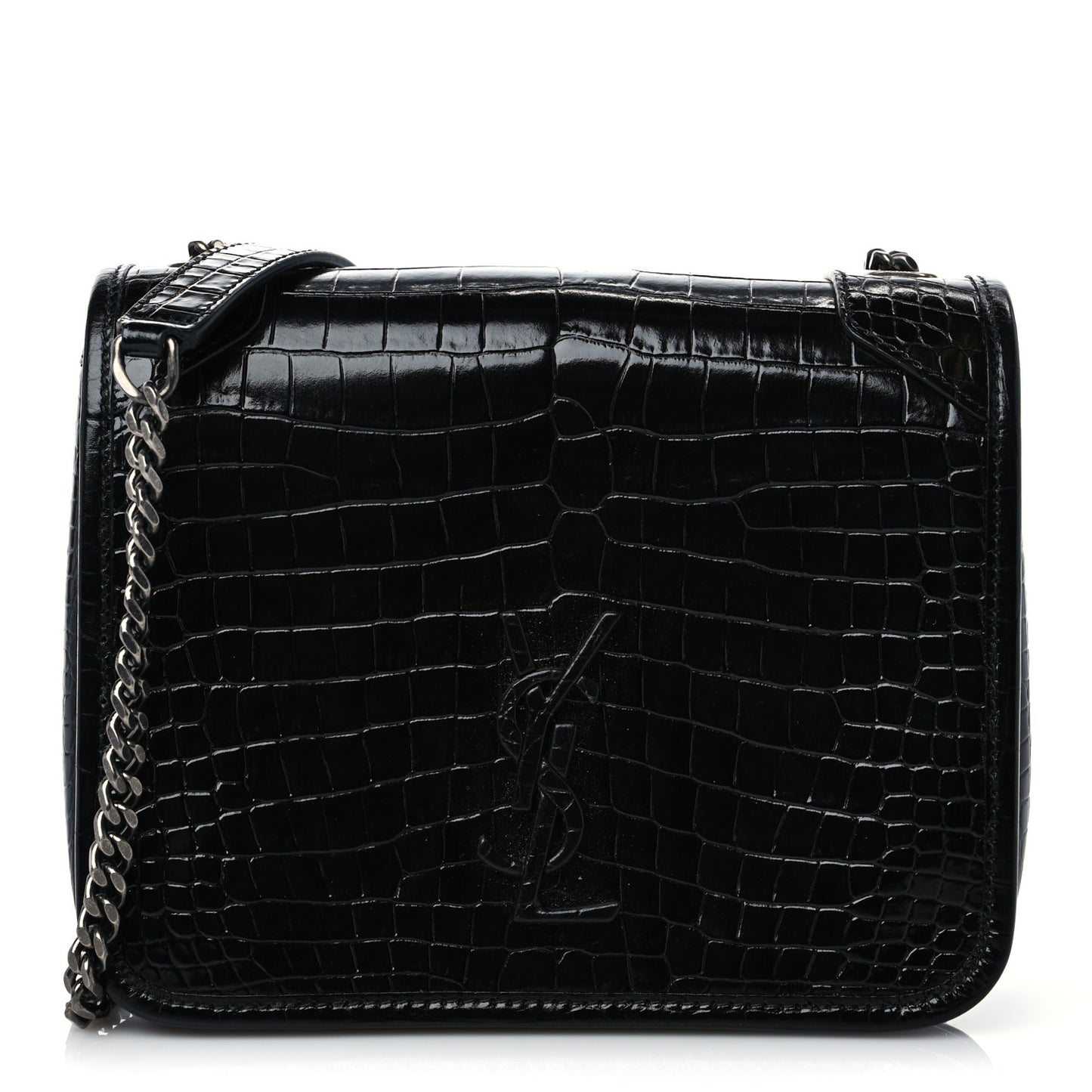 Crocodile Embossed Lambskin Matelasse Monogram Niki Chain Wallet Black