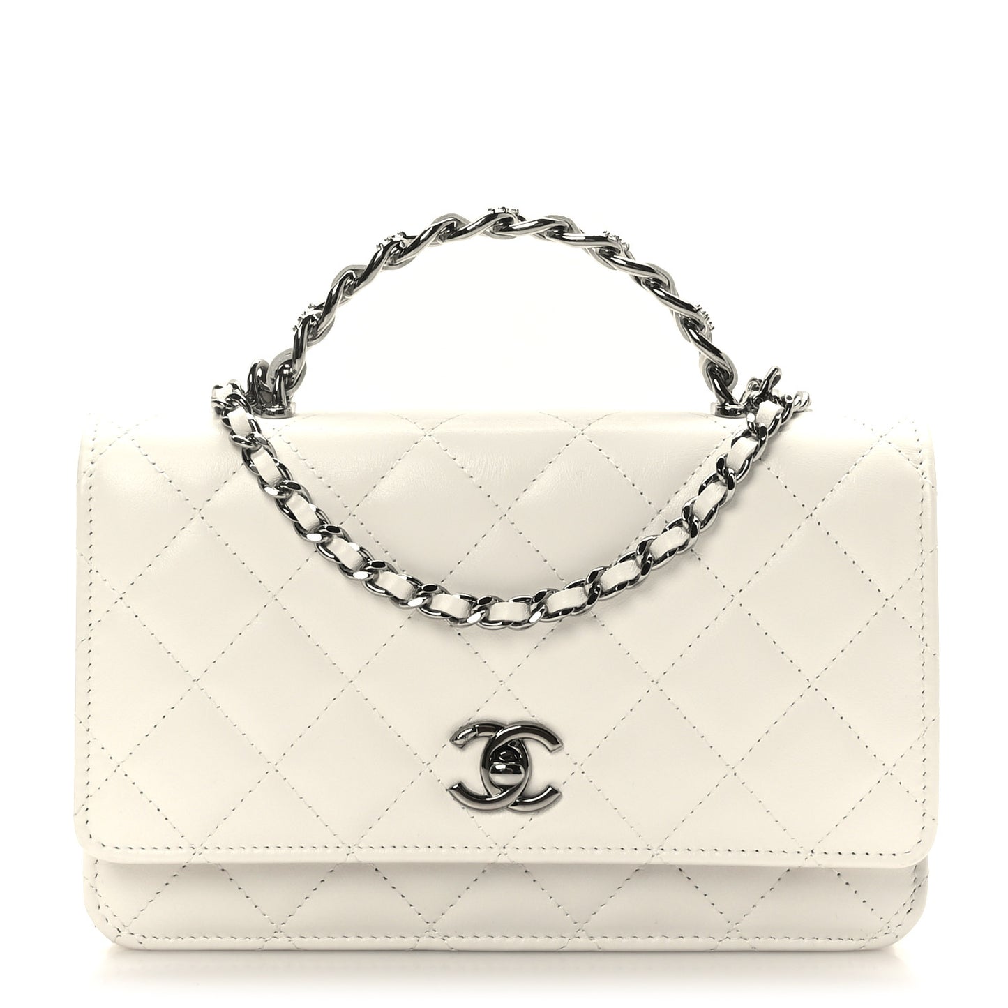 Shiny Crumpled Calfskin Strass Quilted Top Handle Clutch With Chain White