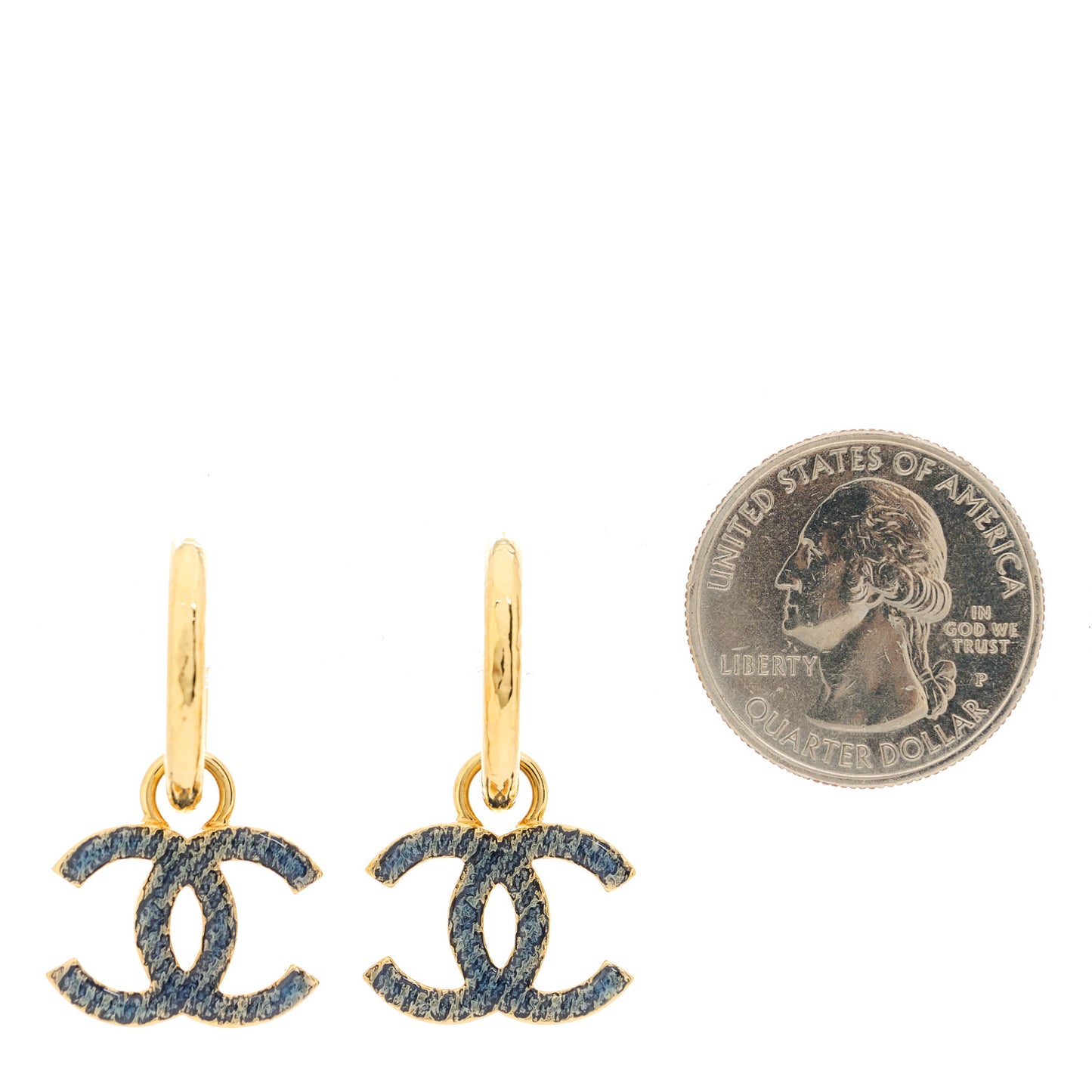 Metal Enamel CC Denim Drop Earrings Gold Blue