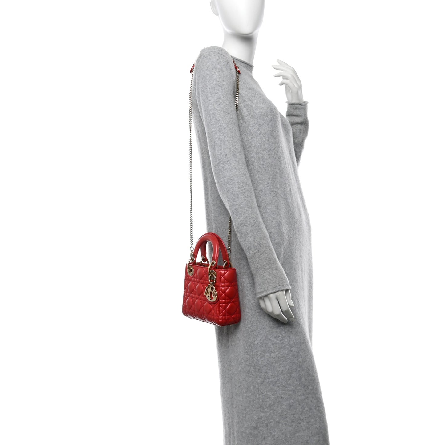 Metallic Lambskin Cannage Mini Lady Dior Red