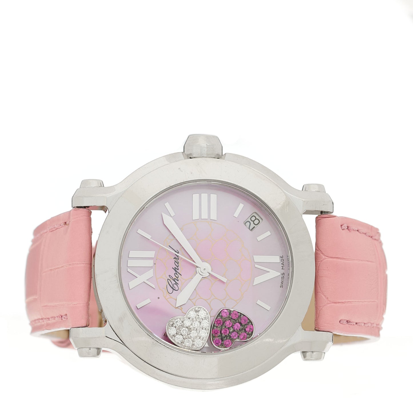 Stainless Steel Alligator Diamond Pink Sapphire Pink Mother of Pearl 36mm Happy Sport Hearts Quartz Watch