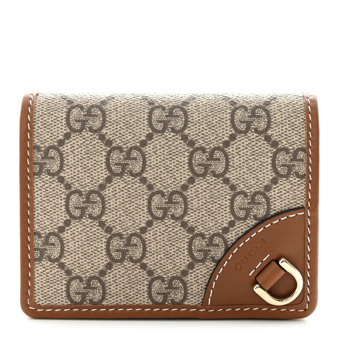 GG Supreme Monogram Textured Calfskin Emblem Mini Wallet Beige Dark Brown
