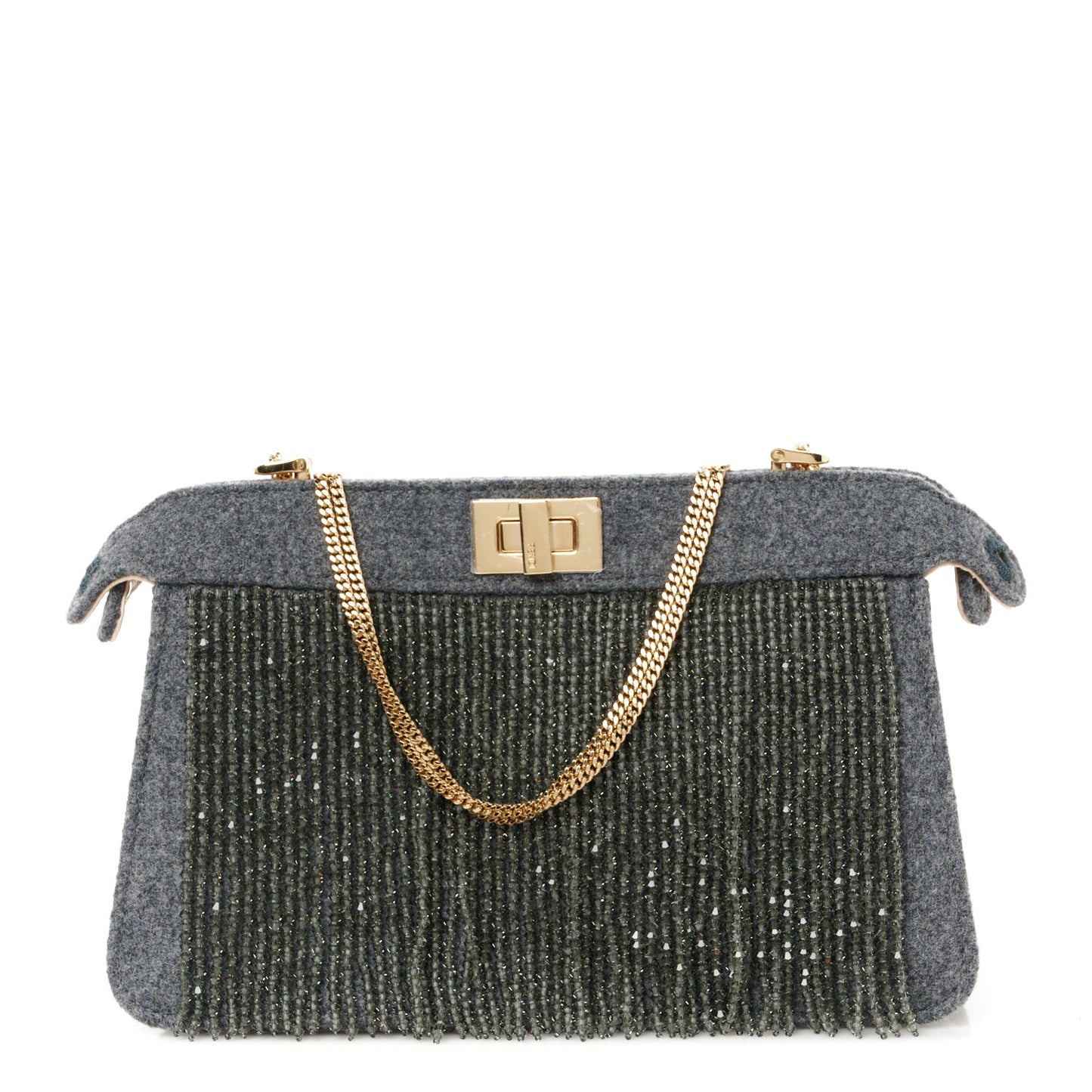 Flannel Bead Embroidered Small Peekaboo I SEE U East West Chain Satchel Grigio Bois de Rose
