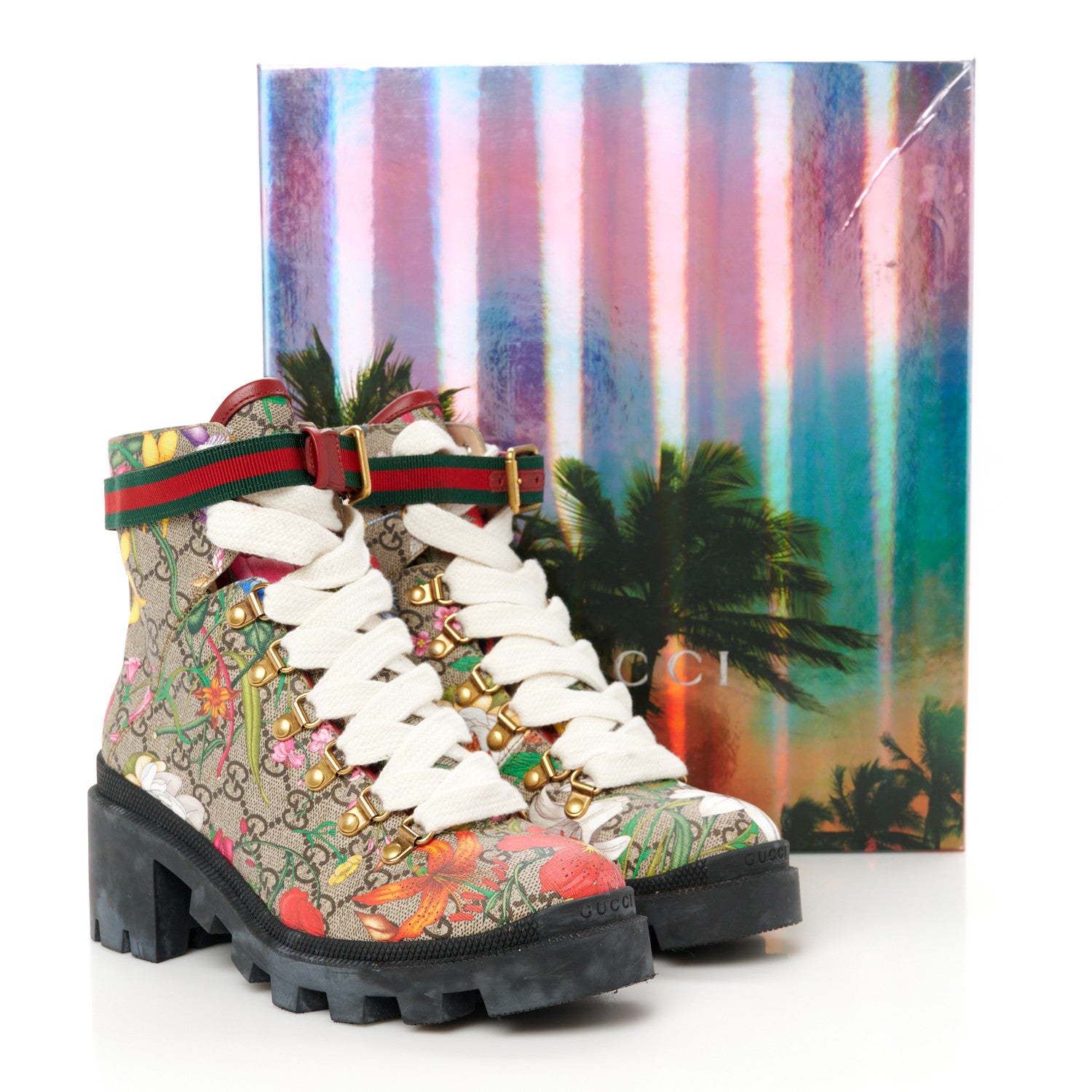 Gucci GG Supreme Monogram Flora Lace Up Combat Ankle Boots 38.5 Beige Multicolor Red 9 of 9