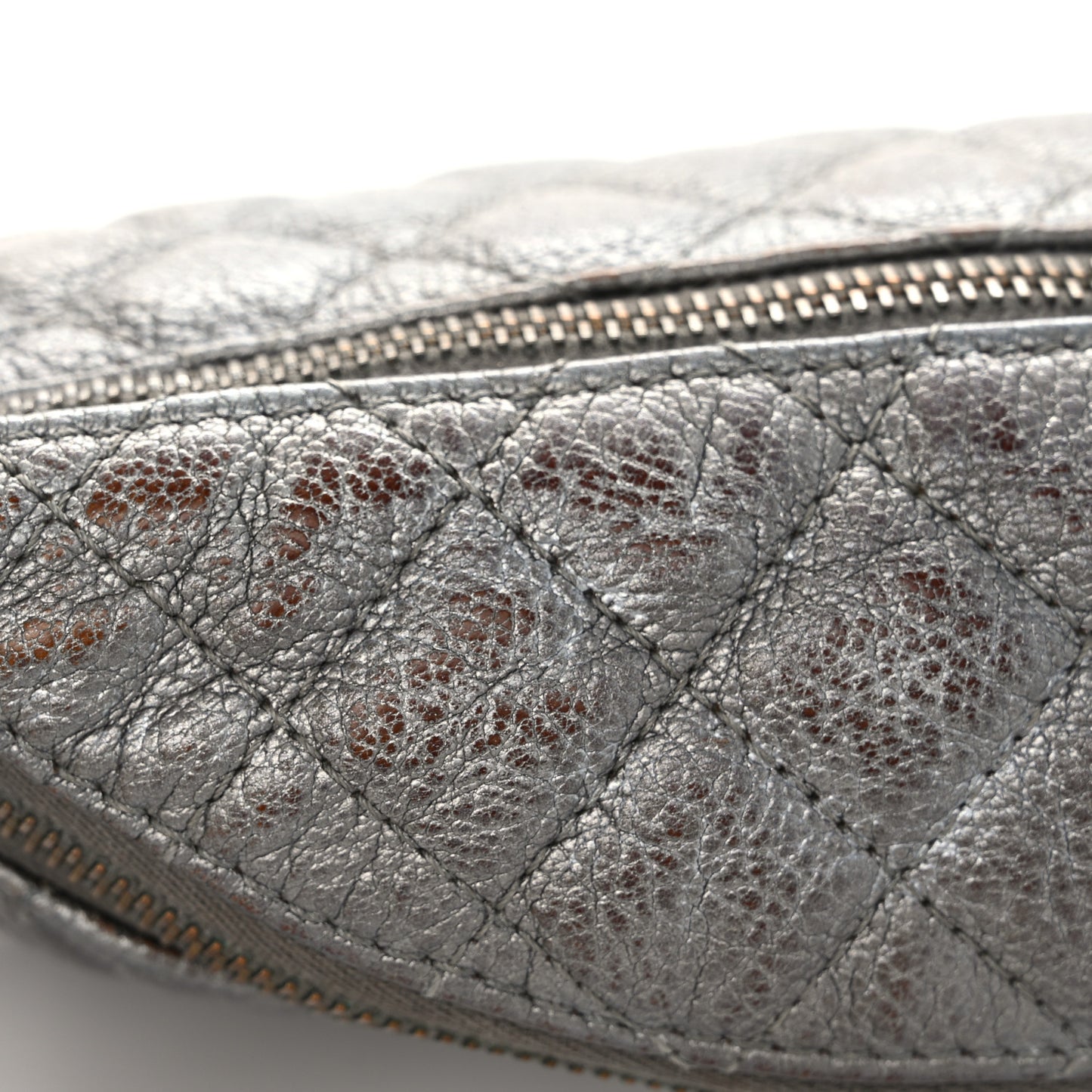 Metallic Calfskin Quilted Banane Waist Bag Fanny Pack Dark Silver