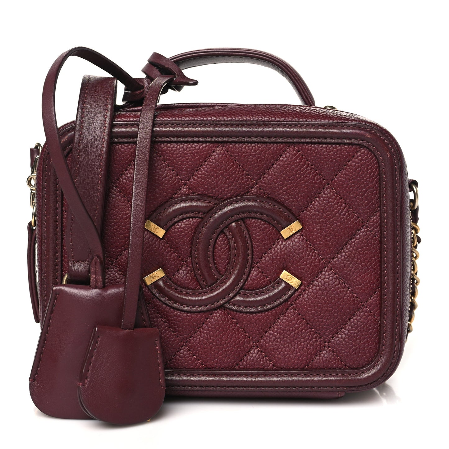 Caviar Quilted Small CC Filigree Vanity Case Burgundy