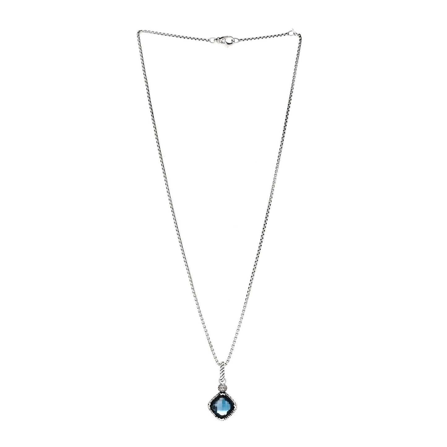 Sterling Silver Diamond Hampton Blue Topaz 13mm Cushion on Point Pendant Necklace