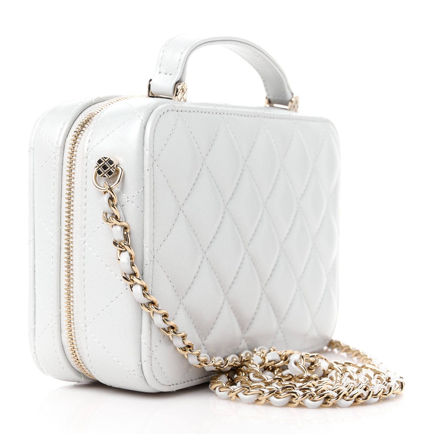 Metallic Lambskin Quilted Top Handle Vanity Case Silver