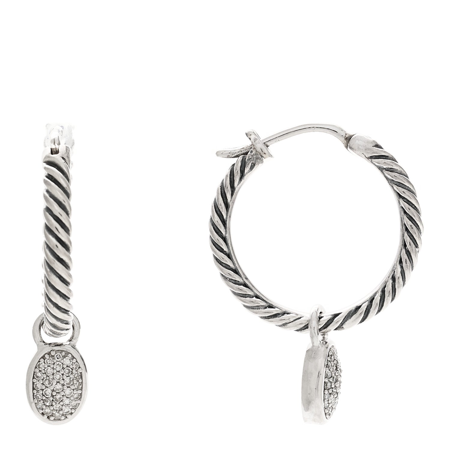 David Yurman Sterling Silver Diamond Pave Hoop Drop Earrings