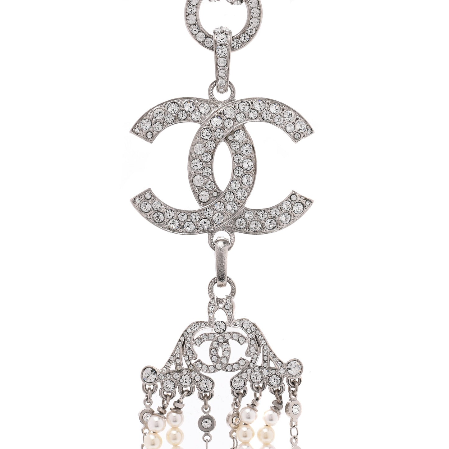 Crystal Pearl CC Drop Necklace Silver
