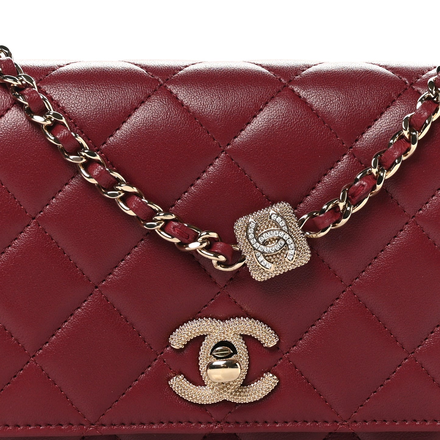 Lambskin Quilted Strass Studded CC Wallet on Chain WOC Burgundy