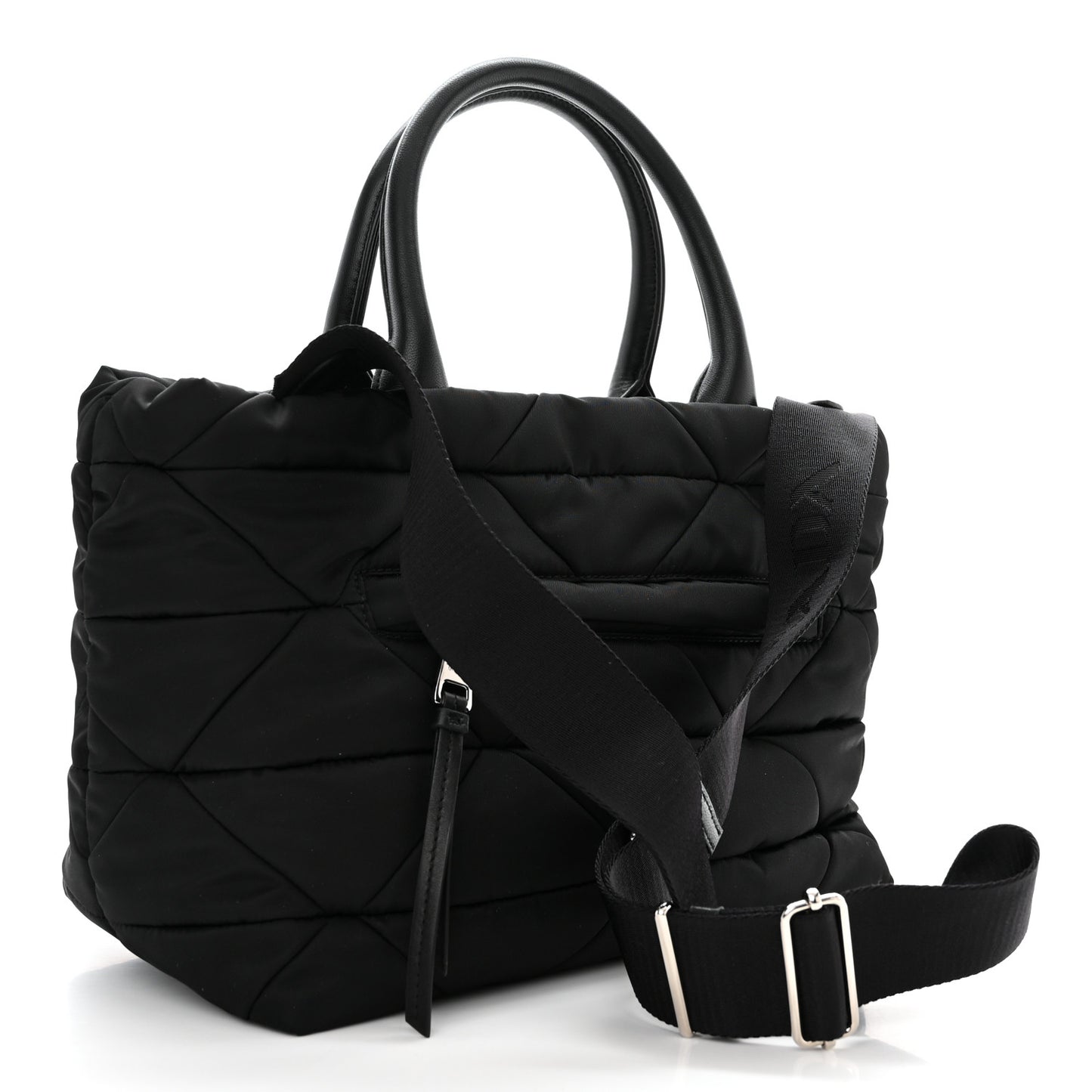 Re-Nylon Nappa Triangle Quilted Padded Small Double Handled Zip Tote Black