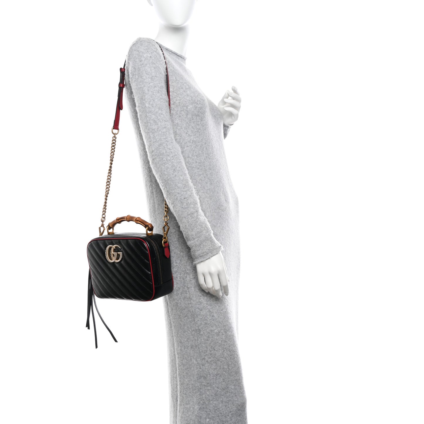 Vintage Effect Calfskin Matelasse Diagonal Small Torchon GG Marmont Bamboo Top Handle Shoulder Bag Black Romantic Cherry