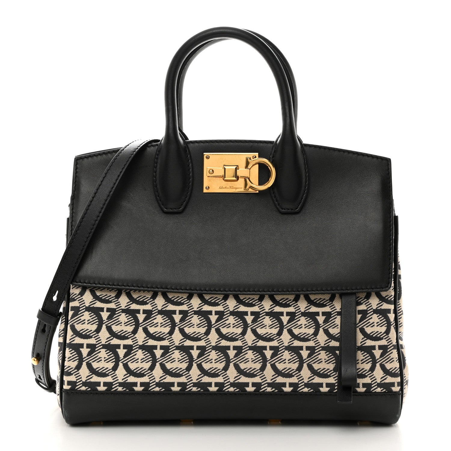 Salvatore Ferragamo Canvas Calfskin Gancini The Studio Bag Black Beige 1 of 11