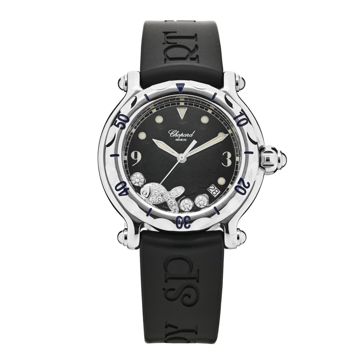 Stainless Steel Rubber Diamond 38mm Happy Sport Fish Quartz Watch Black