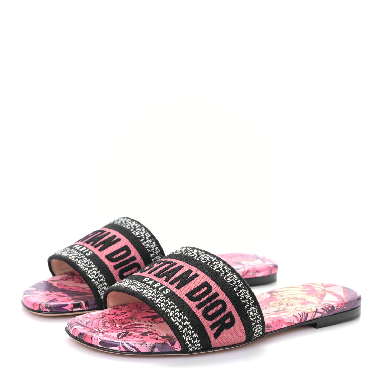 Canvas Toile de Jouy Pop Embroidered Dway Flat Slide Sandals 36 Black Pink Multicolor
