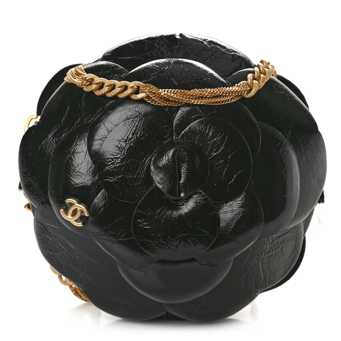 Patent Lambskin Camellia Bouquet Clutch With Chain Black