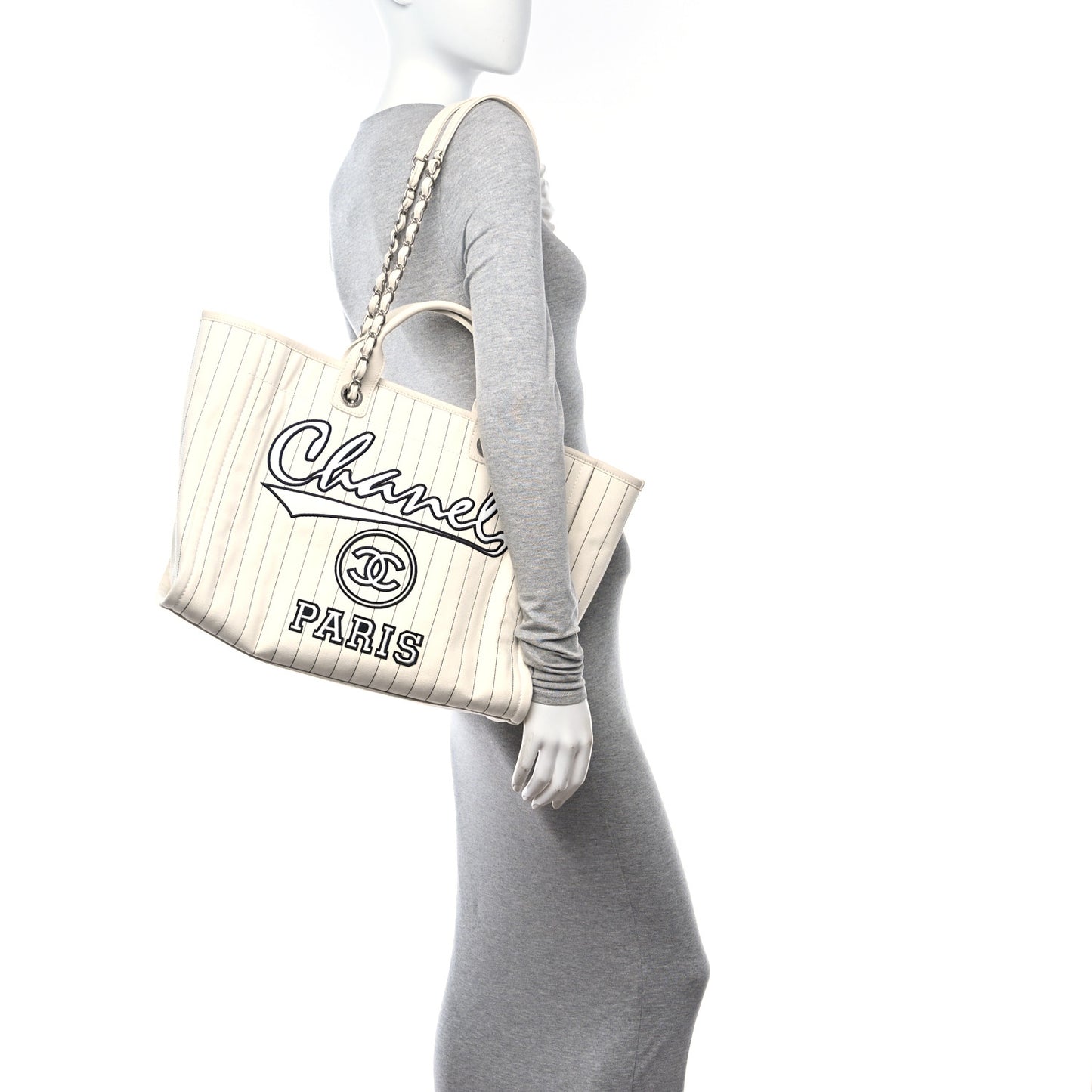 Canvas Calfskin Striped Medium Deauville Tote White Black