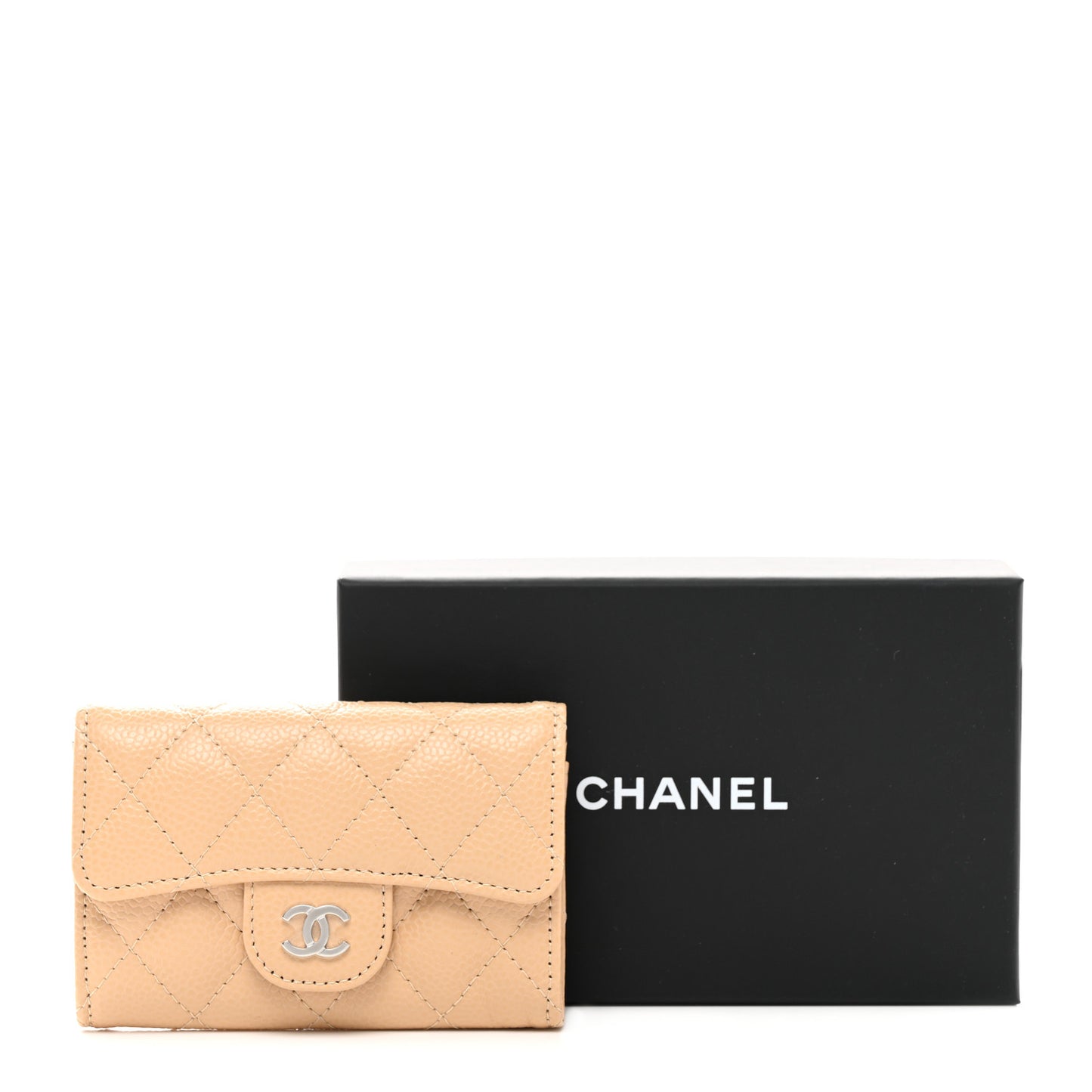 Caviar Quilted Flap Card Holder Wallet Beige